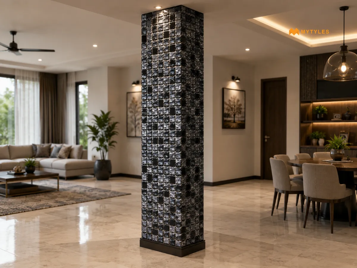 Textured Black Mosaic Tile Applied in Pillar